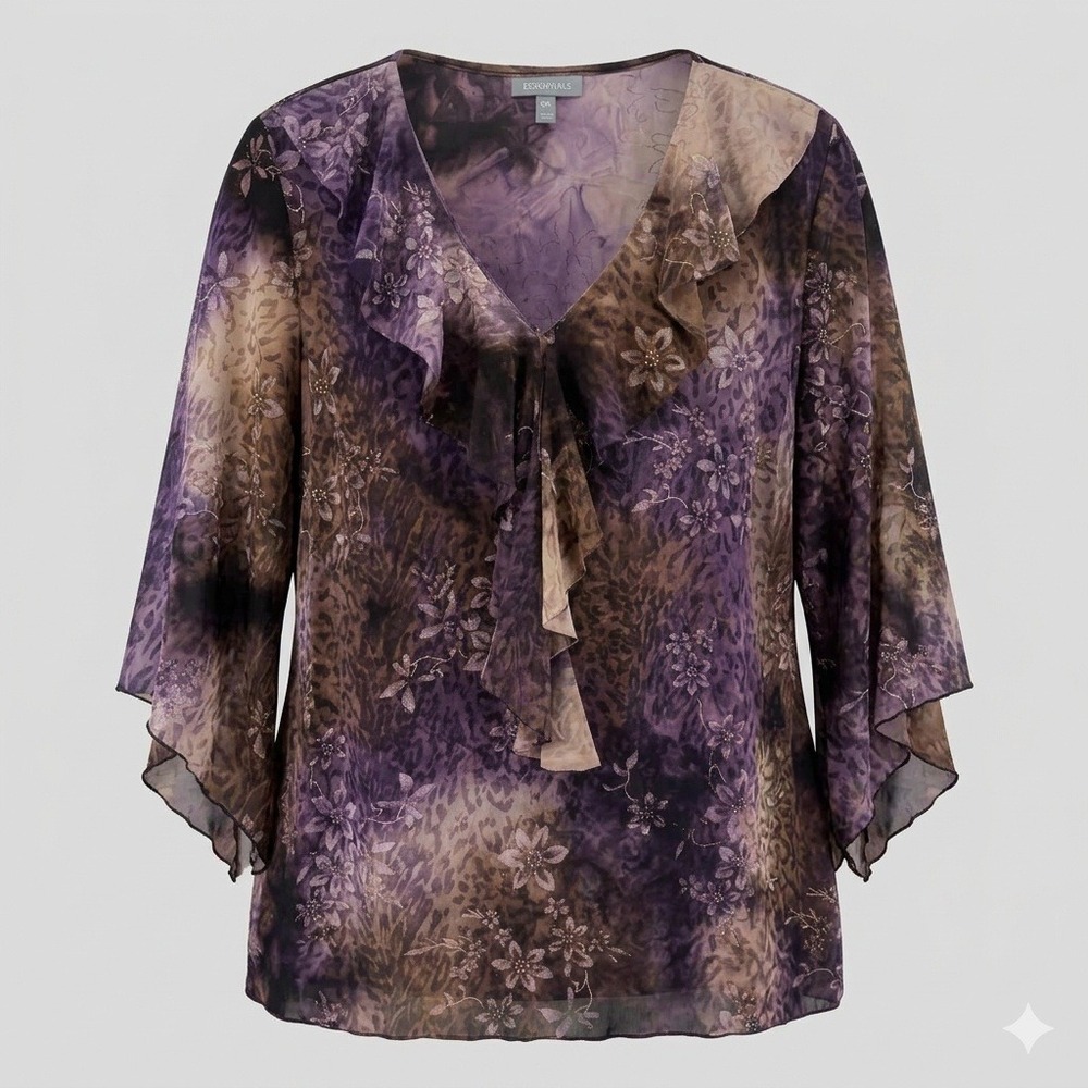 Essentials Purple Floral Leopard Ruffle Stretch Top Plus 0X Whimsigoth Y2K 1990s